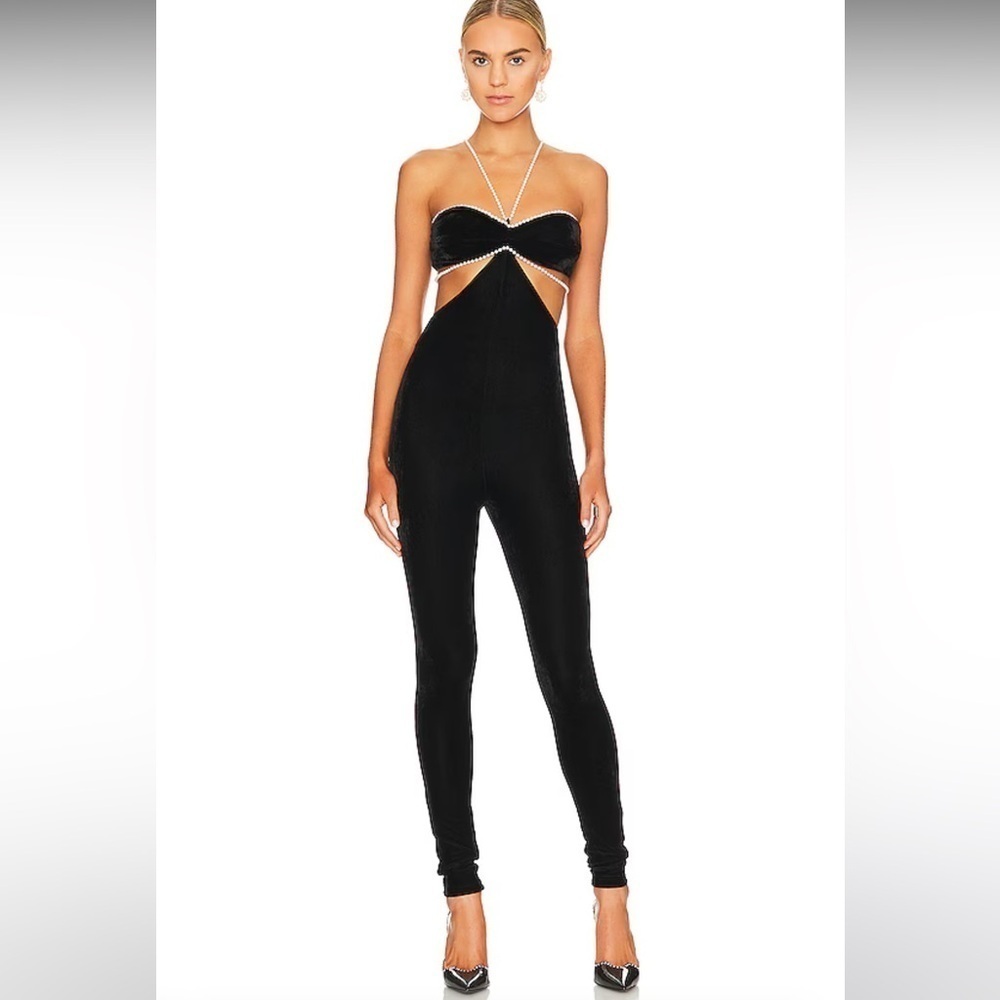 Revolve Majorelle Amore Velvet Catsuit with faux Pearl detail​​​​​​​